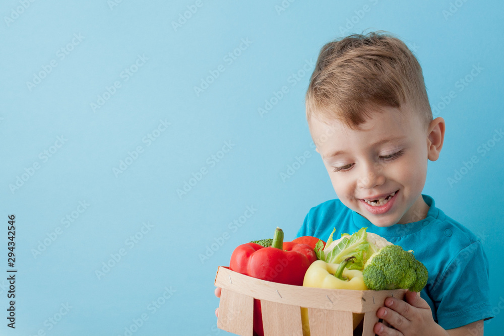 Boy holding basket with fresh vegetables on blue background. Vegan and healthy concept. Boy holding basket with fresh vegetables on blue background. Vegan and healthy concept.