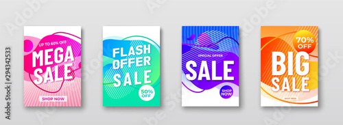 Sale offer abstract vector backgrounds with liquid gradient shapes, lines, promo text. Motion graphic fluid design for discount offer mobile app, advertising banner, poster