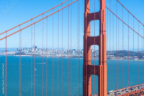 Golden Gate Bridge with San Francisco skyline.