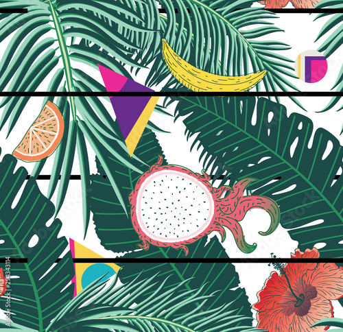 Tropical leaves and fruits pattern