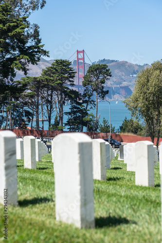 view of the Golden Gate bridge from National Cemetery in the Presidio. photo