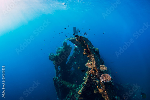 Woman freediver swim with fins at wreck ship. Freediving in wreck