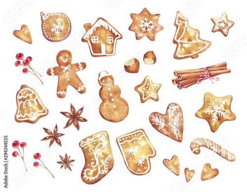 Gingerbread. Watercolor hand drawn traditional cookies with icing sugar, gingerbread man, star, tree, ball, bell, heart, berries, cinnamon, nuts and ect. Elements for holiday, cards, wrapping paper.