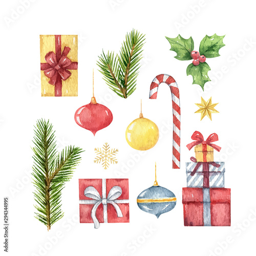 Watercolor vector Christmas set with fir branches and festive decorations.