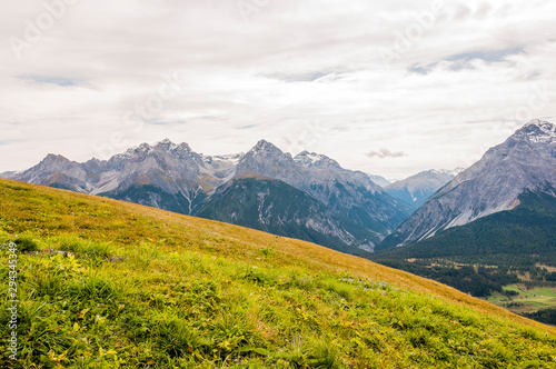 Scuol, Ftan, Unterengadin, Bergwiesen, val S-charl, Schlucht, Alpen, Piz Pisoc, Piz Plavna, Wanderweg, Motta Naluns, Sommer, Graubünden, Schweiz