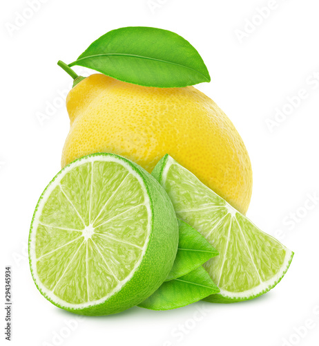 Composition with citrus fruits - lime and lemon isolated on a white background in full depth of field with clipping path.