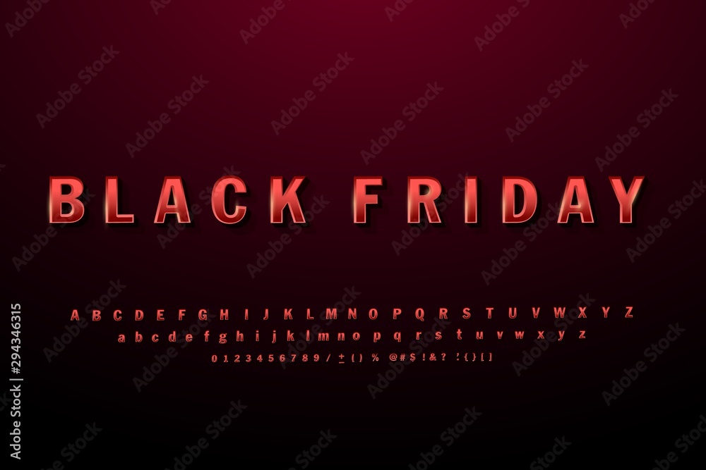 Vector bright black Friday sign. The magnificent letters of the alphabet and numbers. Elegant red font on dark background.