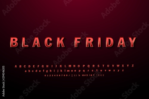 Vector bright black Friday sign. The magnificent letters of the alphabet and numbers. Elegant red font on dark background.