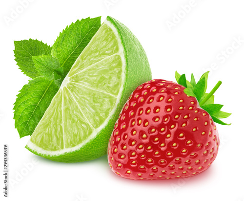 Composition with lime and strawberry isolated on a white background with clipping path. Variation on a Mojito theme.