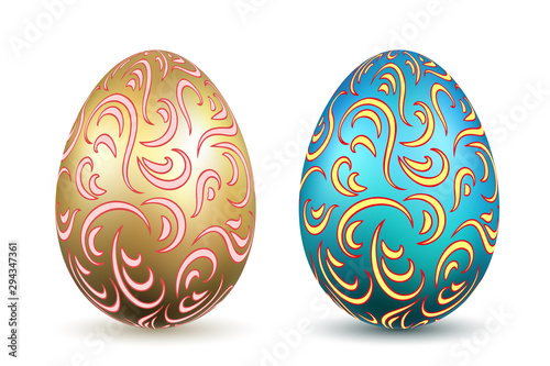 Easter egg 3D icons. Ornate gold color eggs set, isolated white background. Swirl realistic design, decoration Happy Easter celebration. Holiday ornamental element. Spring pattern. Vector illustration