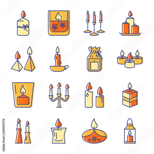 Burning candle icons set in colored line style