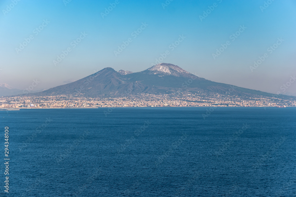 View of snow covered Volcano Vesuvius from Posillipo Hill, Naples, Campania, Italy