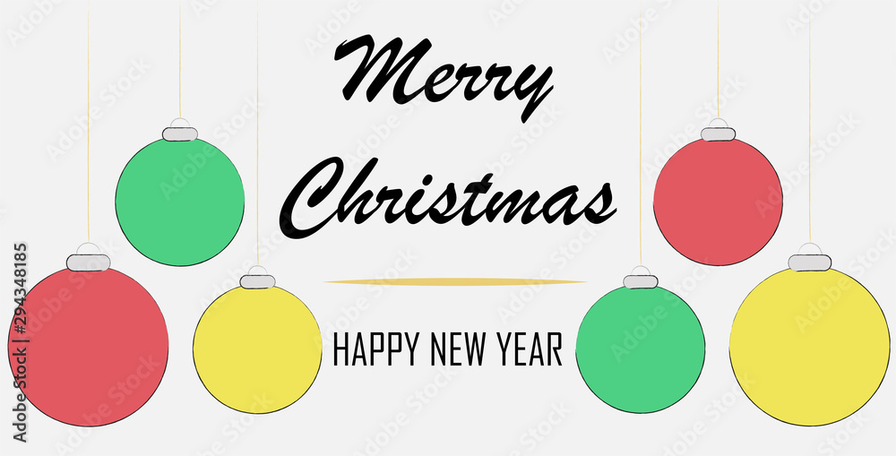 Felicitación de navidad con bolas de navidad de color rojo, verde y amarillo.