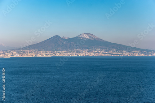 View of snow covered Volcano Vesuvius from Posillipo Hill, Naples, Campania, Italy