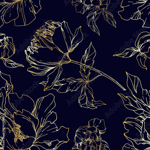 Vector Peony floral botanical flowers. Black and white engraved ink art. Seamless background pattern.