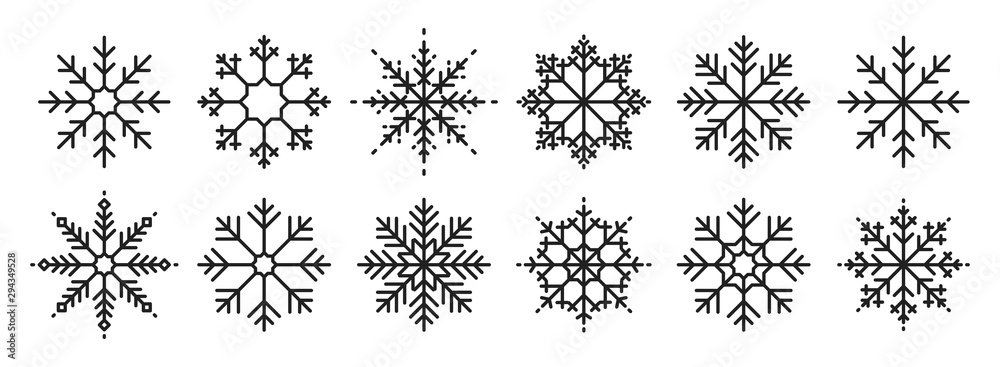 Snowflakes big set icons. Flake crystal silhouette collection. Happy new year, xmas, christmas. Snow, holiday, cold weather, frost. Winter design elements. Vector illustration. - obrazy, fototapety, plakaty 