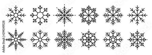 Snowflakes big set icons. Flake crystal silhouette collection. Happy new year, xmas, christmas. Snow, holiday, cold weather, frost. Winter design elements. Vector illustration. photo