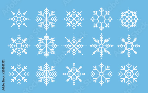 Snowflakes big set icons. Flake crystal silhouette collection. Happy new year, xmas, christmas. Snow, holiday, cold weather, frost. Winter design elements. Vector illustration.
