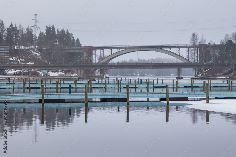View of the The Tahtiniemi Bridge, a cable-stayed harpform bridge in Heinola, Finland.