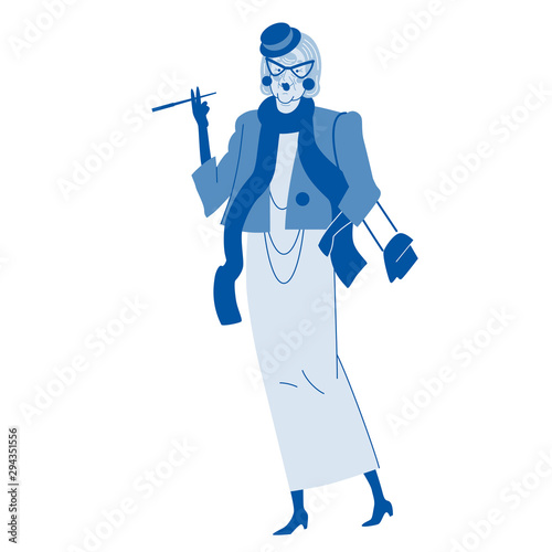 Fashionable stylish old woman. Female cartoon character. Beautiful old age concept.