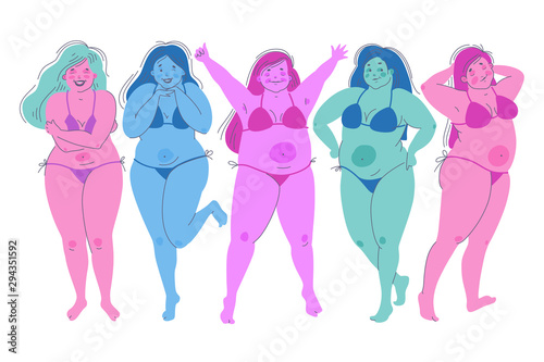 Happy young girls in swimsuits set. Body positive concept.