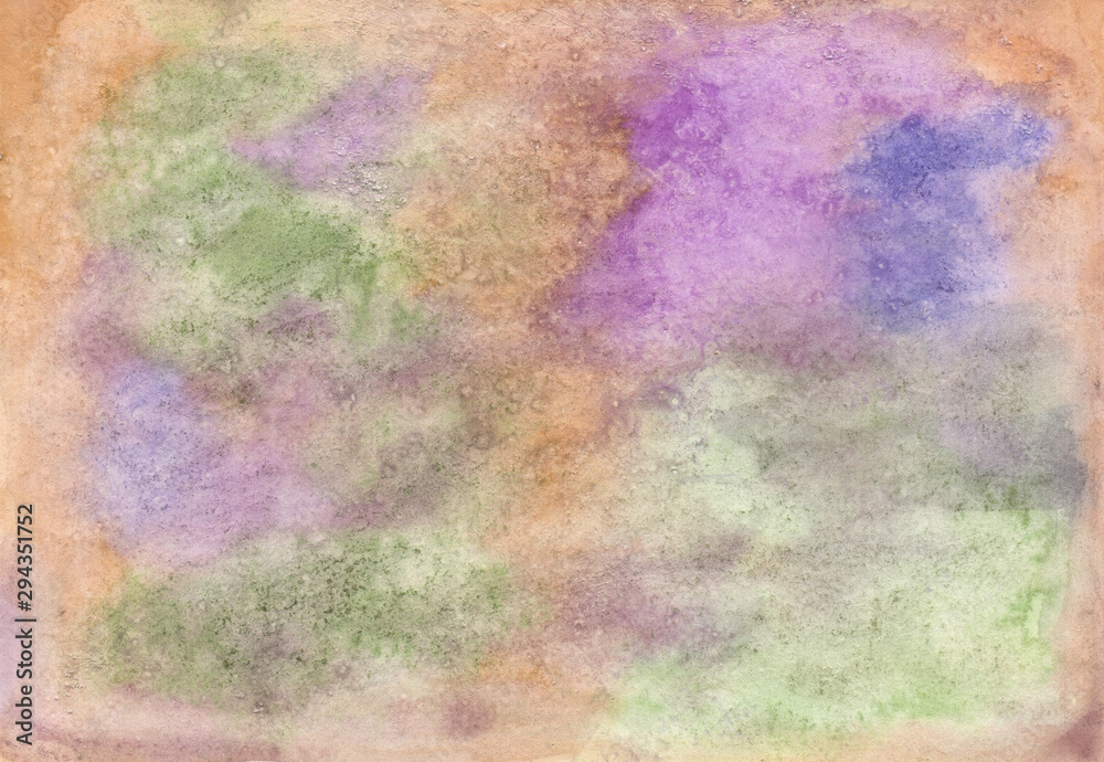 Hand-painted watercolor background. Multi-colored colorful picture with grains, spots, stains, color transitions. The main colors are purple, green, brown