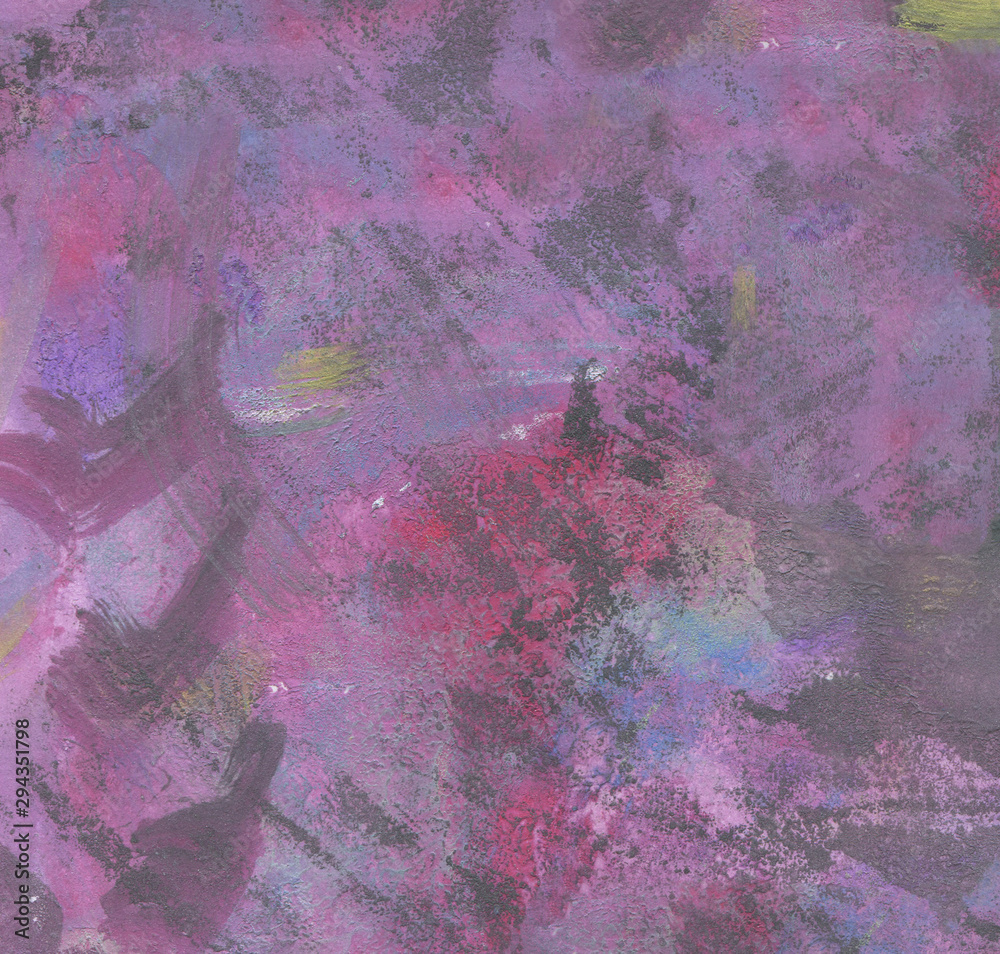 Grunge background. Hand-drawn. Brush strokes, curves, rough dark spots, scuffs. Main colors-purple, black, blue