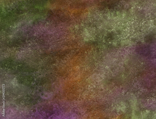 Hand-painted watercolor grunge background. Multi-colored colorful picture with scuffs, stains, color gradients. Primary colors-purple, green, rusty