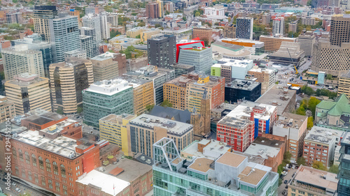 Montreal in Canada, aerial view with ancient and modern monuments, typical roofs and buildings
