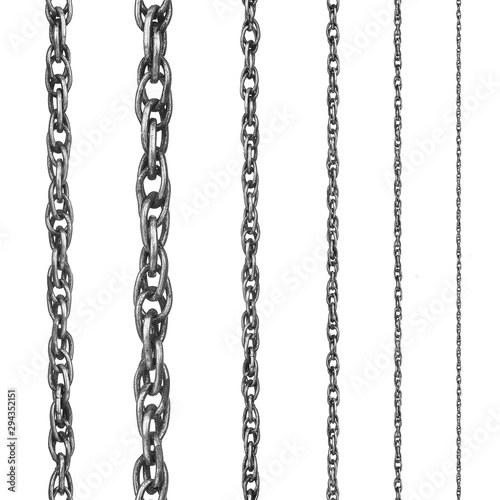 A set of chrome chains of different sizes on an isolated white background © valkoinen7