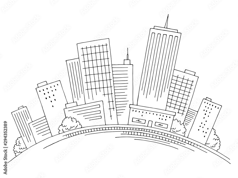 City on the hill graphic black white cityscape skyline sketch illustration vector