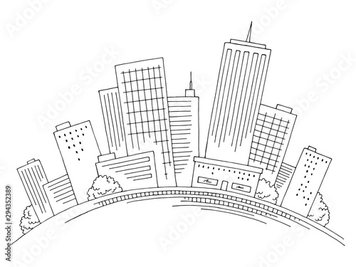 City on the hill graphic black white cityscape skyline sketch illustration vector
