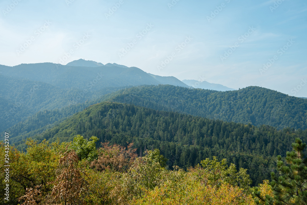 Mountain landscape in Carpathians. With high green hills and forest Mountain landscape in Carpathians. With high green hills and forest