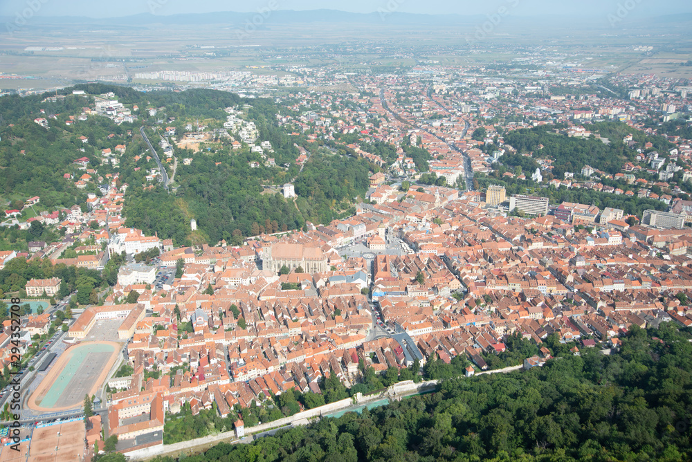 Brasov city, Romania. Bird's eye view on old city center