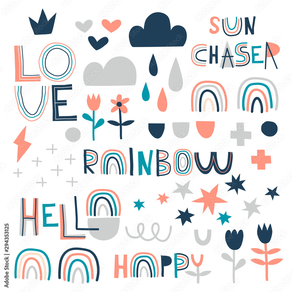 Rainbow, love lettering on abstract background. Doodle clouds and flowers color flat illustration. Cartoon arcs, crosses and circle drops drawing and handwritten decorated typography