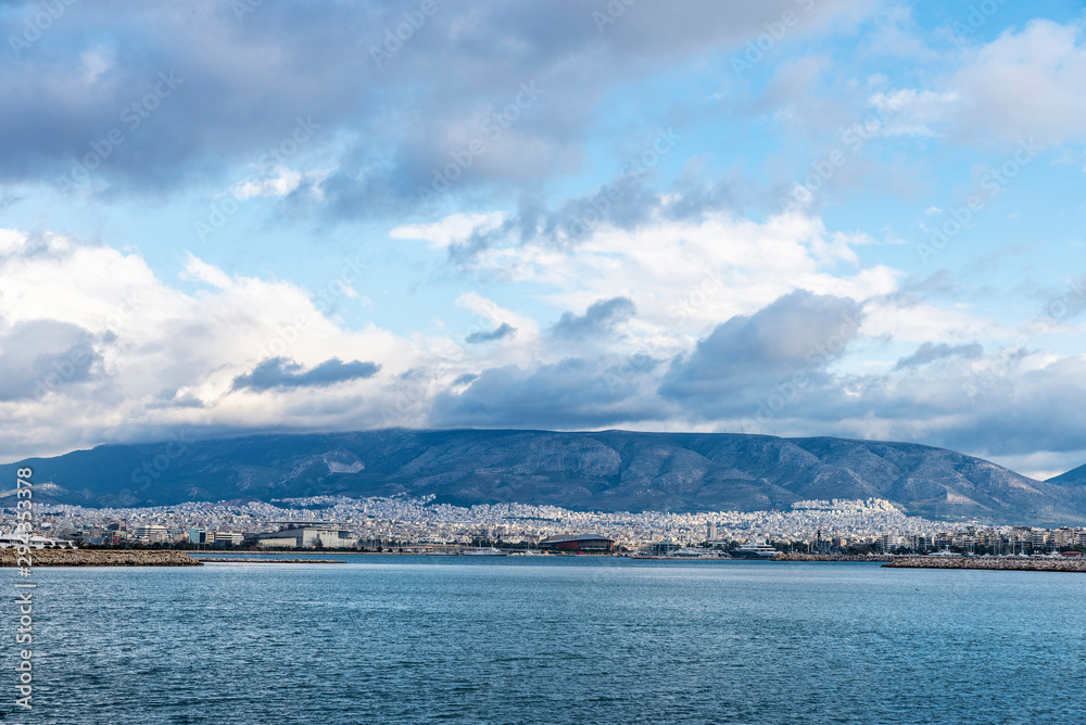 Overview of the port and the city of Athens, Greece
