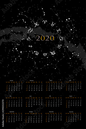 Print for wall calendar 2020 with astronomically correct constellations and symbols of zodiac signs. photo