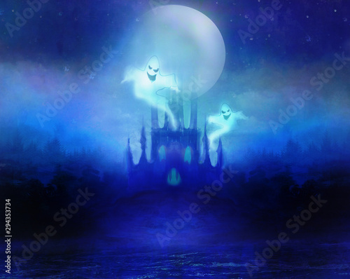 Halloween terrible illustration with a ghost in front of a haunted castle