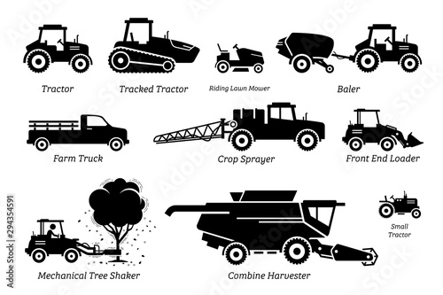 List of agriculture farming vehicles, tractors, trucks, and machines. Illustrations depict tractor, lawn mower, baler, farm truck, crop sprayer, front end loader, tree shaker, and combine harvester. photo