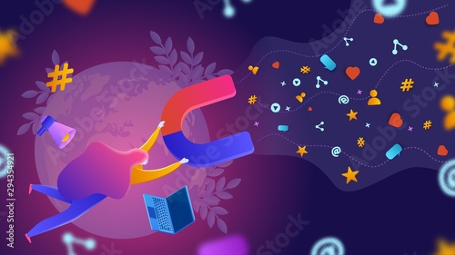 Woman attracting likes, share and repost signs with a huge magnet.