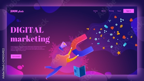 Digital marketing vector landing page header template. Woman attracting likes, share and repost signs with a huge magnet.