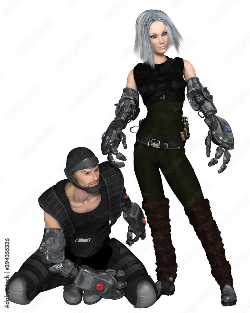 Science fiction illustration of future male and female soldiers with cyber arms waiting to attack, 3d digitally rendered illustration Science fiction illustration of future male and female soldiers with cyber arms waiting to attack, 3d digitally rendered illustration