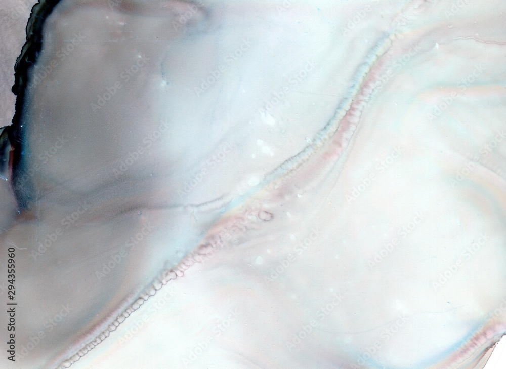 Obraz premium Abstract illustration in alcohol ink technique. Gray, light cyan and lavender marble texture. Wash drawing effect wallpaper. Modern illustration for card design, banners, ethereal graphic design.