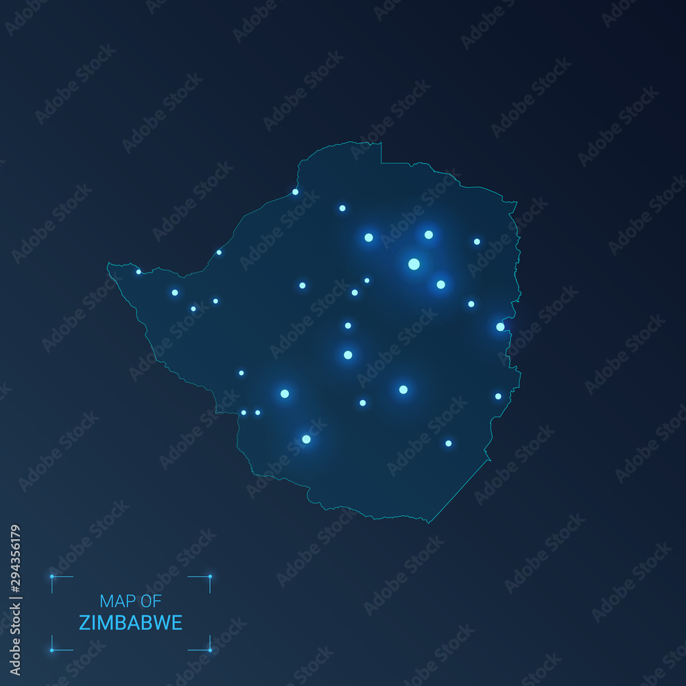 Zimbabwe map with cities. Luminous dots - neon lights on dark background. Vector illustration.