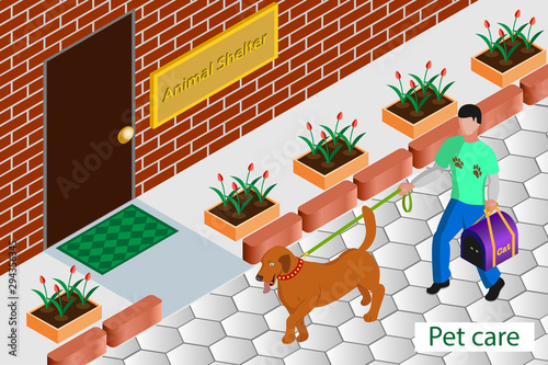 Volunteering help homeless animals - isometric vector illustration