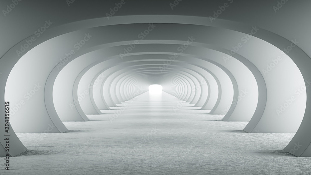 Fototapeta Abstract illuminated empty white corridor with round arches, bright light and shadows. Concept for art, interior design and futuristic background 3D rendering. Clean indoor architectural illustration