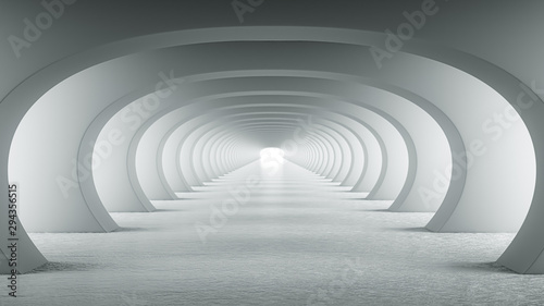 Abstract illuminated empty white corridor with round arches, bright light and shadows. Concept for art, interior design and futuristic background 3D rendering. Clean indoor architectural illustration