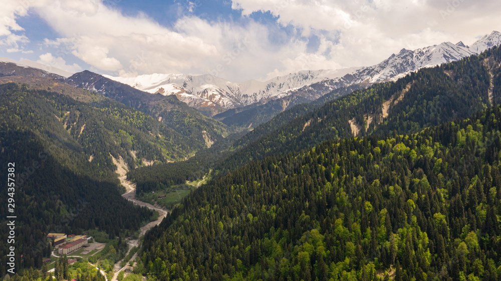 Racha is one of the mountain regions of Georgia. The valley of the river Rioni, near the village of Shovi. Caucasus Mountains. Spring 2019