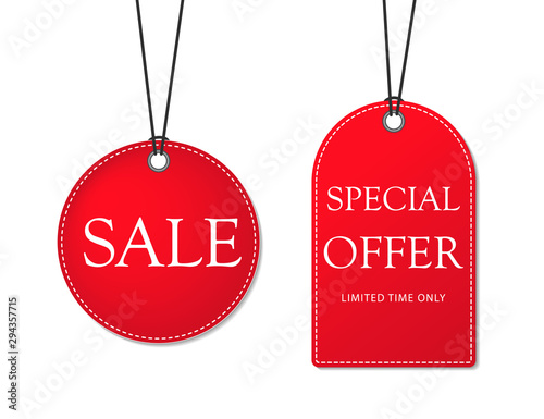 Hang tag sale, discount offer, for shop.Hanging offer price label, promo card, special sale banner for retail. Paper sell tag icon.Red ribbon, discount coupon, promotion badge. vector isolated