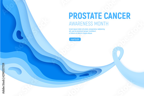 Prostate cancer awareness month paper cut concept. Paper art blue ribbon - November health care symbol. International health campaign for man. Craft vector illustration